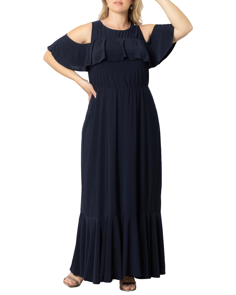 Front of a model wearing a size 3X Piper Cold Shoulder Maxi Dress in NOUVEAU NAVY by Kiyonna. | dia_product_style_image_id:299216